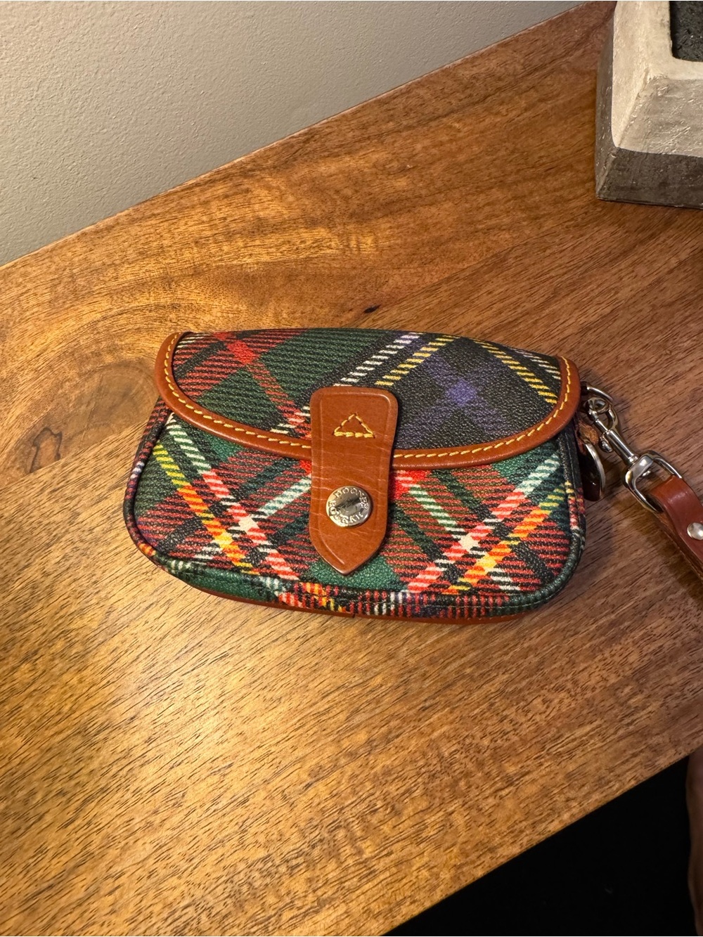 Dooney & Bourke Green Multi Plaid Wristlet with Brown Trim